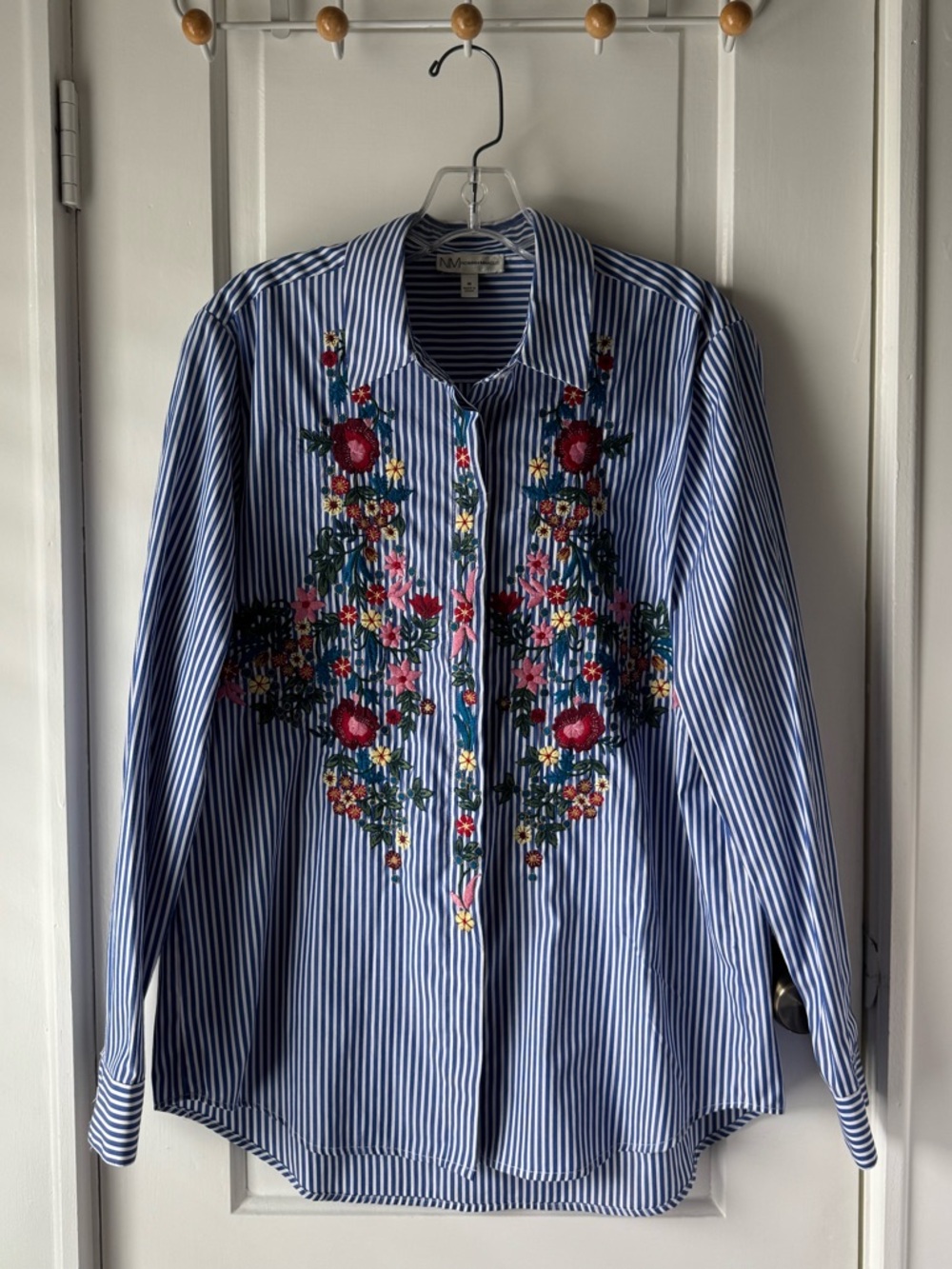 Neiman Marcus Embroidered Striped Button-Up Shirt